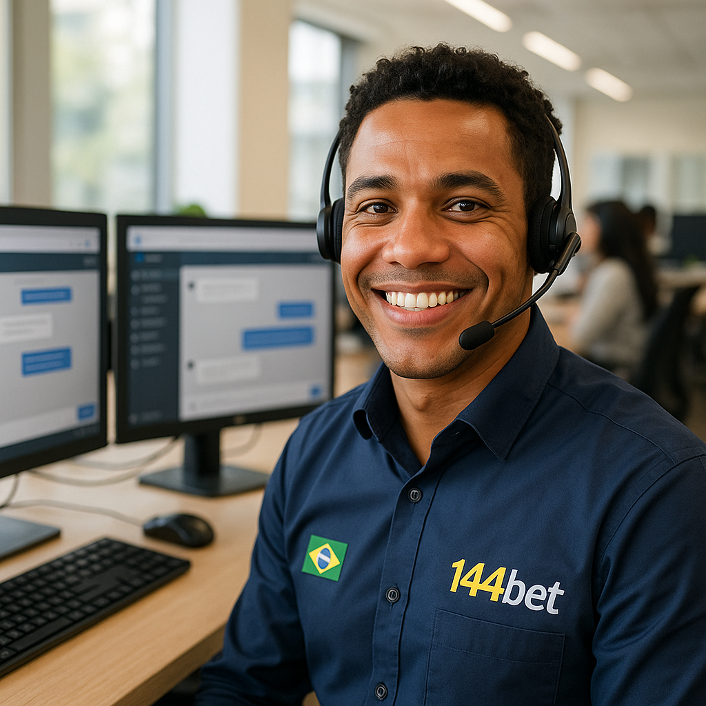 Suporte ao cliente 94bet - Atendente brasileiro sorridente com headset